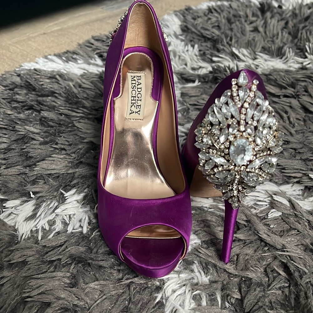 badgley mischka jeweled heels in hot satin purple. Open toe